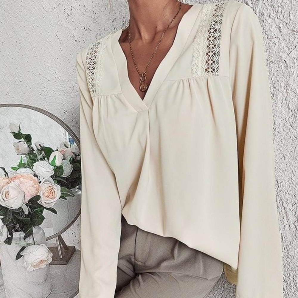 NWT V-Neck Lace Insert Silky Blouse Long Sleeve Size L